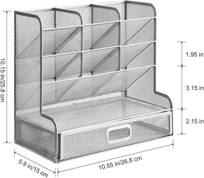 Marbrasse Larger Mesh Desk Organizer with Drawer, Multi-Functional Pen Pencil Holder, Desk Organizers and Accessories for Office Art Supplies (Silver Mesh Pen Holder with Drawer)