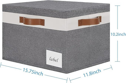 Extra Large Storage Bins with Lids, Foldable Fabric Storage Baskets with Lids, Sturdy Storage Boxes with Labels and 3 PU Handles for Closet Home Bedroom Office (32L, 3 Packs, Grey&White)
