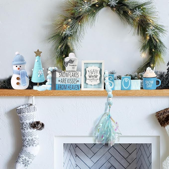 Winter Decoration for Home 8 PCS Tiered Tray Decor Set, Cute Christmas Blue Winter Wonderland Decor for Home Tray Shelf Fireplace Mantel Office Desk Indoor Snowman New Year Holiday Decorations Set