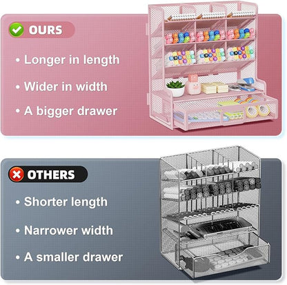 Marbrasse Larger Mesh Desk Organizer with Drawer, Multi-Functional Pen Pencil Holder, Easy Assembly, Desk Organizers and Accessories for Office Art Supplies (Pink)