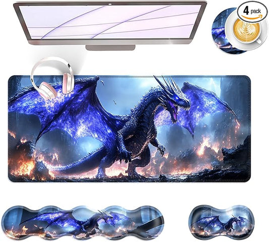 Large Keyboard Mouse Pad Set, Extended Mouse Pad+Keyboard Wrist Rest Support, Memory Foam Ergonomic Easy Typing, 4Pcs (31.5×11.8 in) Desk Pad Set for Office Home,Fantasy Dragon
