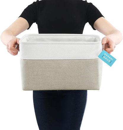 OrganiHaus Large Fabric Storage Baskets for Shelves 3 Pack, 15x11in Closet Storage Bins for Shelves, Canvas Baskets for Organizing, Linen Closet Organizers, Cloth Basket, Beige/Off-White