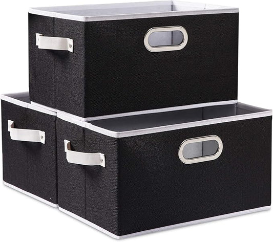PRANDOM Fodable Storage Bins for Closet [3-pack] Decorative Fabric Storage Baskets Cubes with Leather/Metal Handles for Shelves Bedroom Living Room Black (11.5x8.5x6.7 Inch)