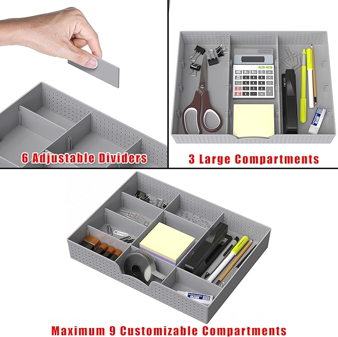 Simple Houseware Drawer Organizer Tray with 9 Adjustable Compartments, Gray