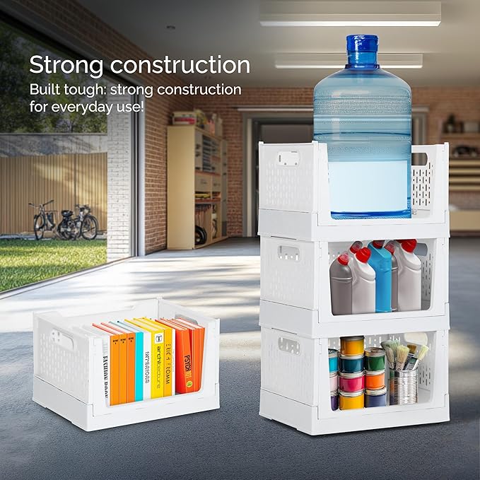 TidyFriend Stackable Storage Bins with Wheels, 3 Pack Foldable Storage Bins Box, Plastic Shelves Drawer Organizer Container for Closet Office Bedroom Kitchen Bathroom (Ivory)