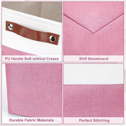 Storage Bins Large Fabric Storage Baskets for Shelves 3 Pack, Decorative Linen Closet Baskets with Handles for Organizing, Shelf, Clothes, Home, Office, 15x11x9.5Inches (Pink&White)