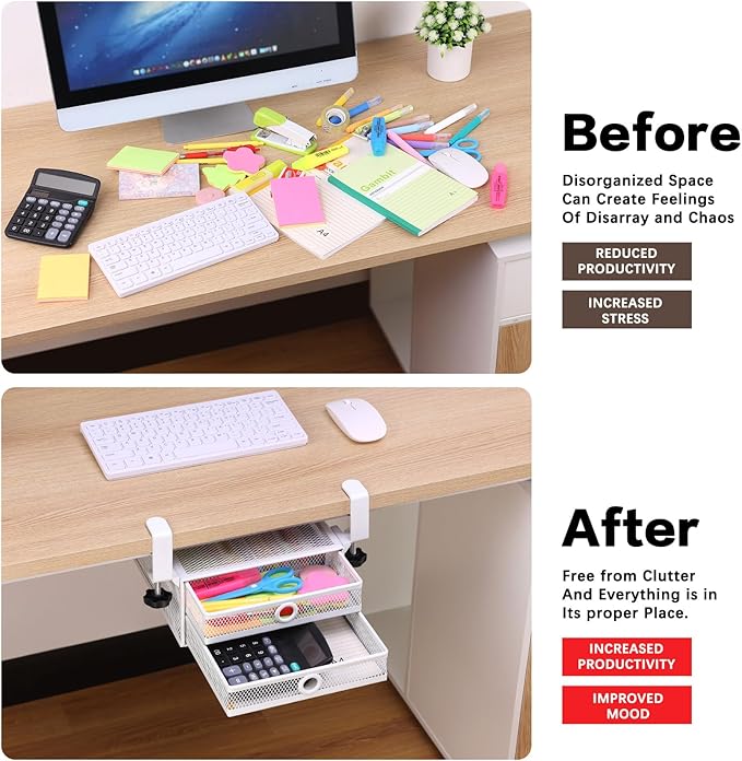 ROSYLINE Under Desk & Desktop Drawer Organizer - 2-Tier Metal Slide Out Drawers Organizer, Storage for Home Office Desk (White)