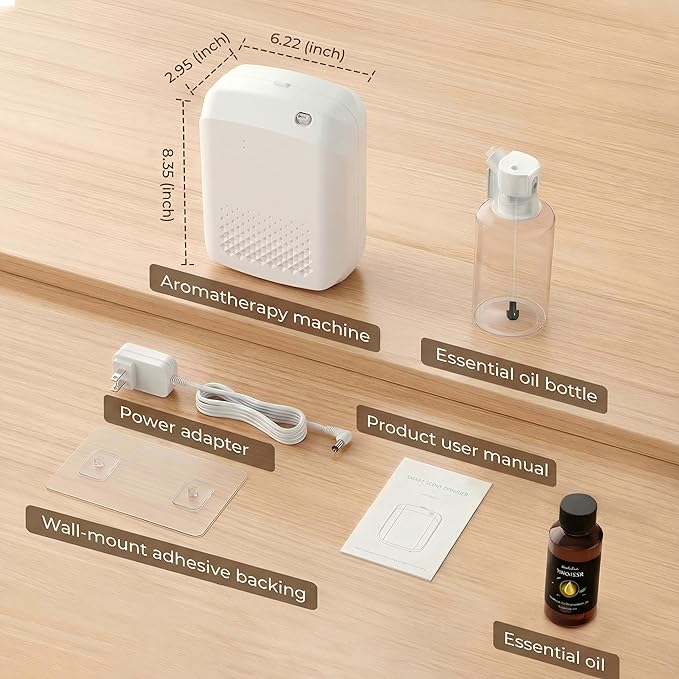 Waterless Essential Oil Diffuser, 2500 Sq Ft Coverage, Bluetooth App Control, No-Noise Wall Mounted Cold Air Scent Machine, 400ml Aromatherapy Diffuser for Home Hotel Office, Gift Idea, White