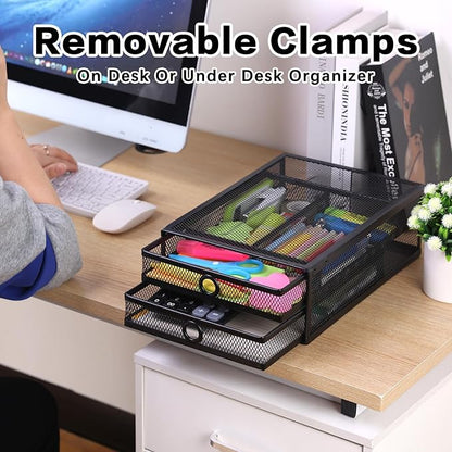 ROSYLINE Under Desk & Desktop Drawer Organizer - 2-Tier Metal Slide Out Drawers Organizer, Storage for Home Office Desk (Black)