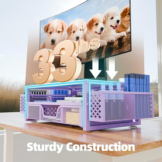 Simple Trending 2 Tier Metal Monitor Stand Monitor riser and Computer Desk Organizer with Drawer and Pen Holder for Laptop, Computer, iMac, Purple