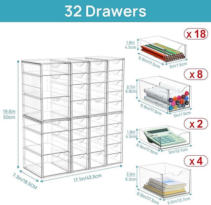 Vtopmart Acrylic Organizer with 32 Drawers, Desk Organizers and Accessories, Clear Makeup Organization, Dustproof Storage Drawers for Office Art Craft Supplies
