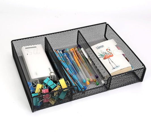 SANWICH Desk Drawer Organizer Tray with Compartments, 3 Grid Metal Mesh Drawer, Multi-use Desk Organizer Storage Box Set for Office,Home,School Supplies, 12.59X9.25X2.36 in (1pcs)