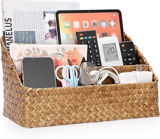 BTSKY Woven Storage Basket Natural Seagrass Vertical Wicker Storage Baskets with 4 Compartments Desk Organizers and Storage Magazine File Holder Home Office Supplies Sorter Rack, Caramel