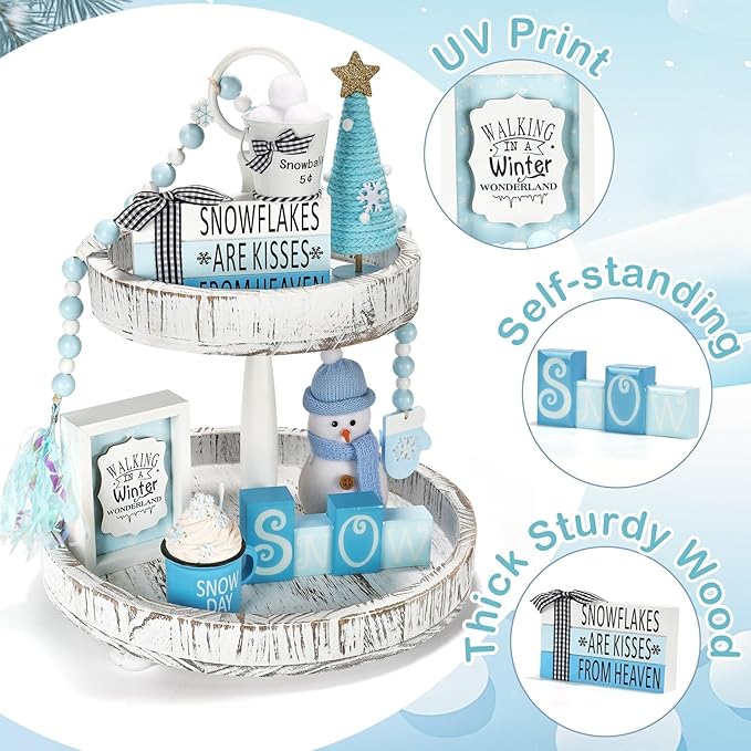 Winter Decoration for Home 8 PCS Tiered Tray Decor Set, Cute Christmas Blue Winter Wonderland Decor for Home Tray Shelf Fireplace Mantel Office Desk Indoor Snowman New Year Holiday Decorations Set