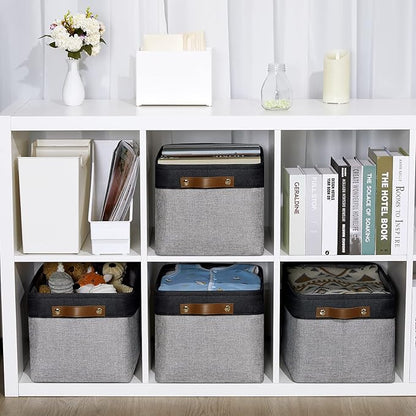 DULLEMELO Canvas Storage Bin with Handles, Fabric Bins for Shelves, Bedroom, Office,Nursery,Fabric Storage Baskets for Toys, Clothes,Gift(Black&Grey,15"x11"x9.5",4-Pack)