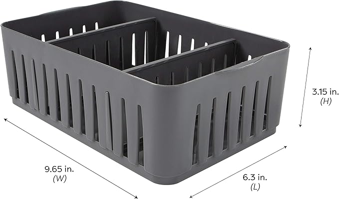 Simplify 3 Compartment Stackable Bin with Adjustable Dividers | Drawer Organizer | Storage Basket | Good for Office | Desk Supplies | Dorm | Bathroom | Accessories | Make Up | Grey
