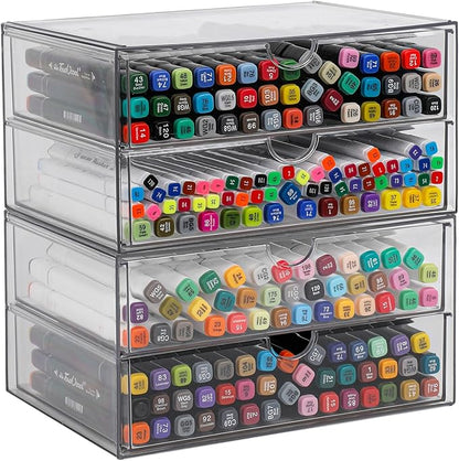 Clear Desk Organizers and Accessories, Plastic Drawer Organizer for Home Office Supplies, Marker Pen, Notebooks, Art Crafts, Stackable Makeup Storage Box for Bathroom Vanity (4 Drawers)