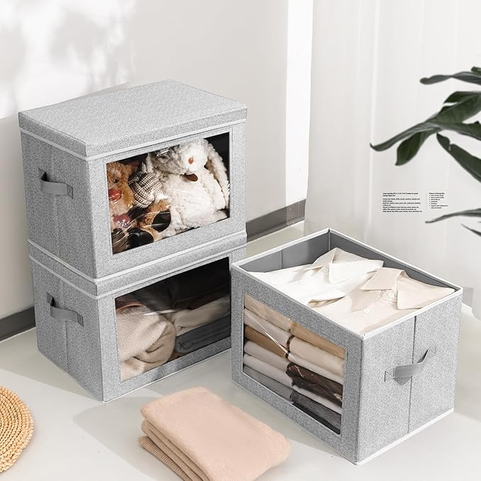 Fabric Storage Bins with Lids, Large Storage Cubes with Window, Fabric Storage Baskets Bins for shelves, Closet Storage Boxes for Clothes, Towel, Office, 4 Packs, Blended