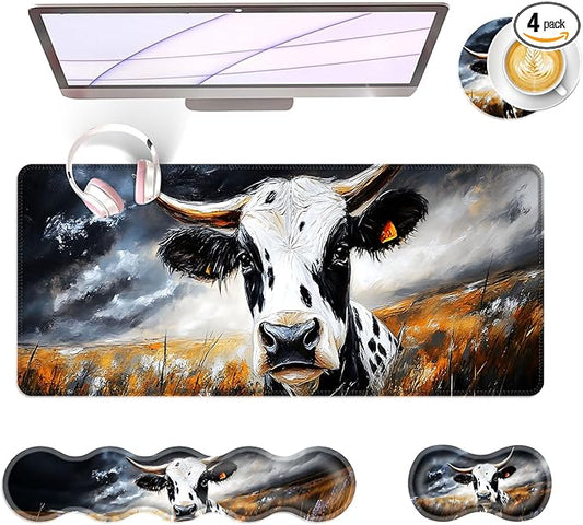 Large Keyboard Mouse Pad Set, Extended Mouse Pad+Keyboard Wrist Rest Support, Memory Foam Ergonomic Easy Typing, 4Pcs (31.5×11.8 in) Desk Pad Set for Office Home,Cute Cow
