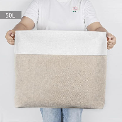 Large Fabric Storage Baskets | 50L Storage Bins, Decorative Linen Closet Baskets with Handles for Organizing, Shelf, Toys, Clothes, Home, Office, Nursery, 17x12x15Inches (Beige&White)