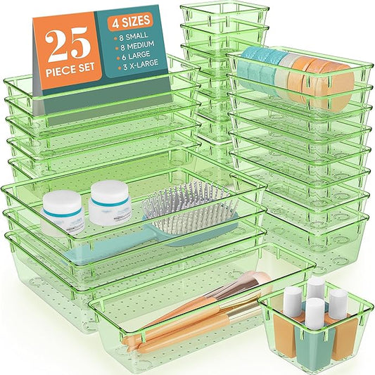 WOWBOX 25 PCS Plastic Drawer Organizer Set, 4 Sizes Desk Drawer Divider Organizers and Storage Bins for Makeup, Jewelry, Gadgets for Kitchen, Bedroom, Bathroom, Office, Clear Green