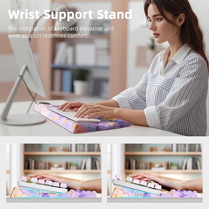 Ospelelf Keyboard Wrist Rest Pad, Comfy Ergonomic Keyboard Stand Riser Holder, Computer Wrist Support Cushion forTyping, Purple Flower