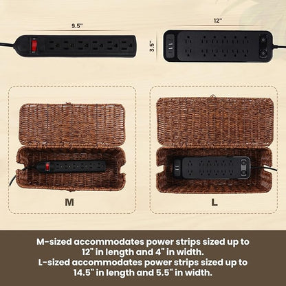 BROWNLILY Rattan Wire Storage Box, Handmade Cord Organizer for Desk Cord Hider Outlet Covers Baby Proofing for Power Strip TV PC Router Charger Under Desk Cable Management Box