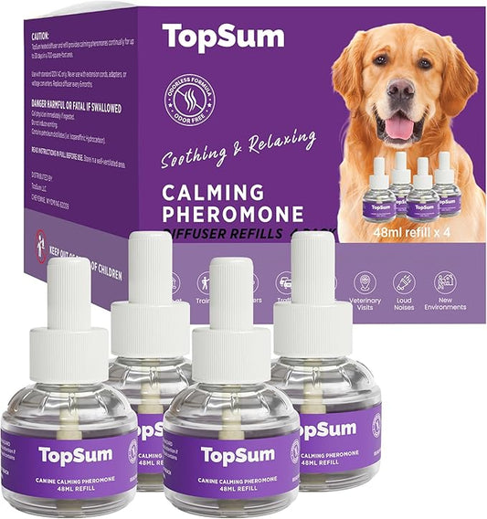 TopSum Calming Diffuser for Dog: Dog Pheromones Calming Diffuser Plug for Stress, Barking, Chewing, Pee Accidents & Separation Behaviors (Purple– 4 Refills)