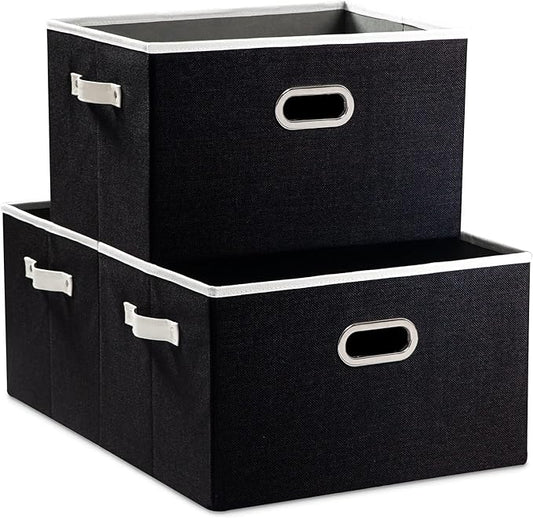 PRANDOM Larger Collapsible Storage Bins for Closet [3-pack] Decorative Linen Fabric Storage Baskets Cubes with Leather/Metal Handles for Living Room Black (17.3x12.2x10.4 Inch)