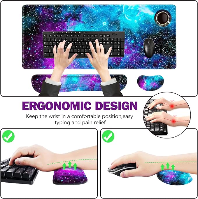 ToLuLu Extended Gaming Mouse Pad, Memory Foam Ergonomic Keyboard Mouse Wrist Rest Support Set, Large Desk Mat with Stitched Edges, Non-Slip Base Mousepad for Home Office Game and Study, Nebula Galaxy