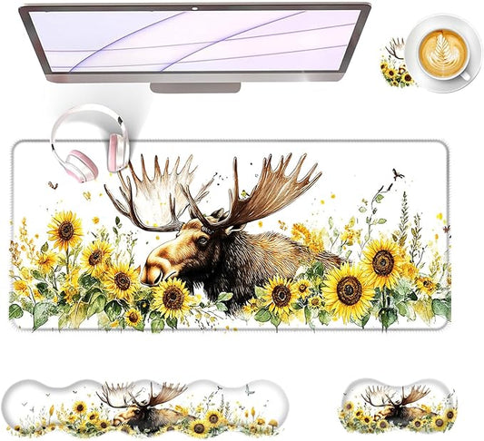 Large Keyboard Mouse Pad Set, Extended Mouse Pad+Keyboard Wrist Rest Support, Memory Foam Ergonomic Easy Typing, 4Pcs (31.5×11.8 in) Desk Pad Set for Office Home,Deer and Sunflowers