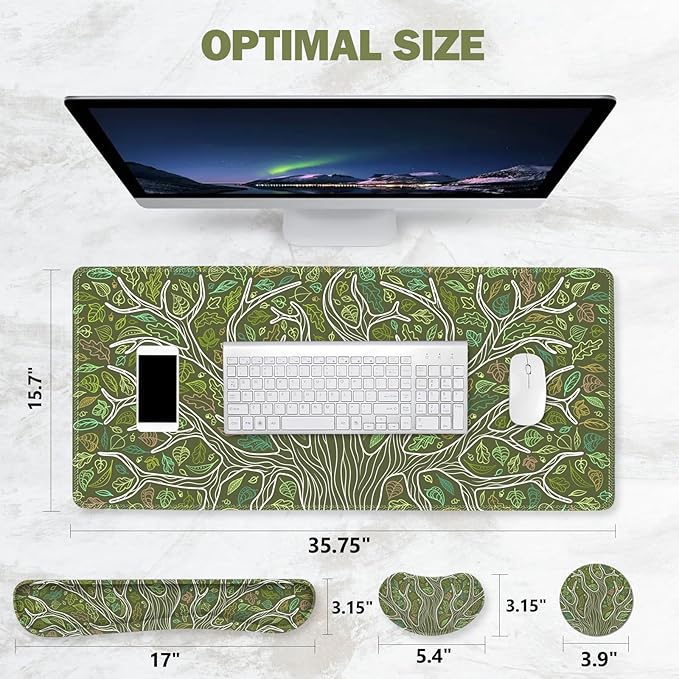 ToLuLu Desk Mat, Gaming Mouse Pad Wrist Support 4 in1 Set, XXL Large Mouse Pad + Keyboard Wrist Rest + Memory Foam Cushion Mouse Wrist Rest for Pain Relieve + Coaster Table Computer PC, Green Leaves