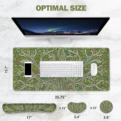 ToLuLu Desk Mat, Gaming Mouse Pad Wrist Support 4 in1 Set, XXL Large Mouse Pad + Keyboard Wrist Rest + Memory Foam Cushion Mouse Wrist Rest for Pain Relieve + Coaster Table Computer PC, Green Leaves