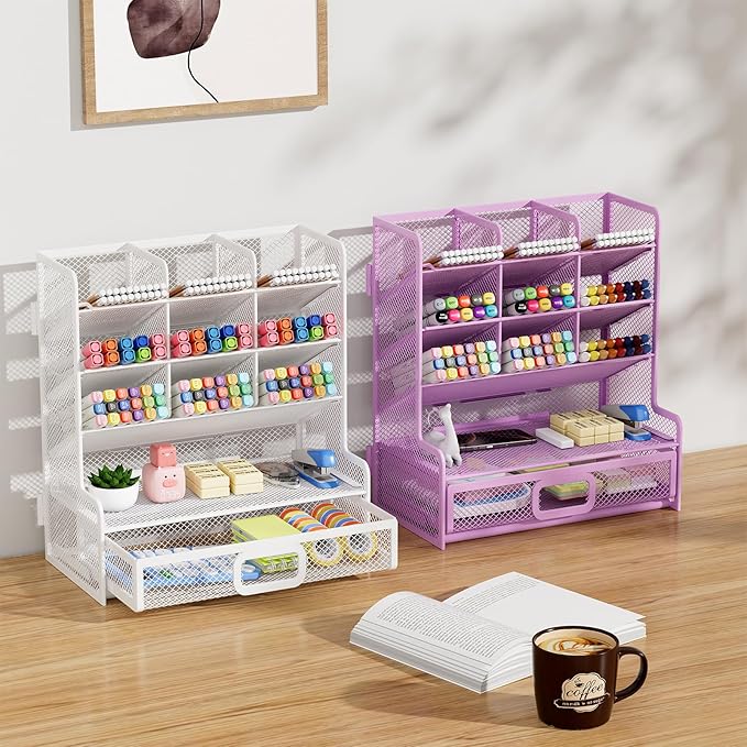 Marbrasse Larger Mesh Desk Organizer with Drawer, Multi-Functional Pen Pencil Holder, Easy Assembly, Desk Organizers and Accessories for Office Art Supplies (White)