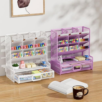 Marbrasse Larger Mesh Desk Organizer with Drawer, Multi-Functional Pen Pencil Holder, Easy Assembly, Desk Organizers and Accessories for Office Art Supplies (White)