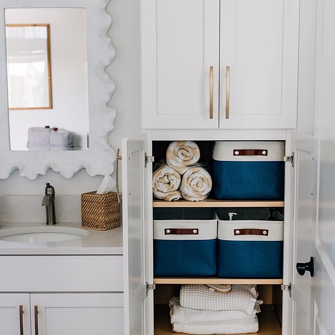 OrganiHaus Large Fabric Storage Baskets for Shelves 3 Pack, 15x11in Closet Storage Bins for Shelves, Canvas Baskets for Organizing, Linen Closet Organizers, Cloth Basket, Navy Blue/Off-White