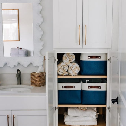 OrganiHaus Large Fabric Storage Baskets for Shelves 3 Pack, 15x11in Closet Storage Bins for Shelves, Canvas Baskets for Organizing, Linen Closet Organizers, Cloth Basket, Navy Blue/Off-White