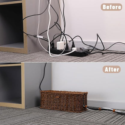 BROWNLILY Rattan Wire Storage Box, Handmade Cord Organizer for Desk Cord Hider Outlet Covers Baby Proofing for Power Strip TV PC Router Charger Under Desk Cable Management Box