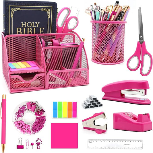 12 in 1 Hot Pink Desk Organizers and Accessories Set, Gifts for Coworkers Women, Office Supplies Stapler Pen Holder Tape Holder Staples Scissors Ruler Staple Remover