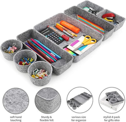Welaxy 8-piece desk drawer organizer trays felt shallow bin for pens notes Jewlery Watches, home office dorm minimalist living gift solutions (Gray)