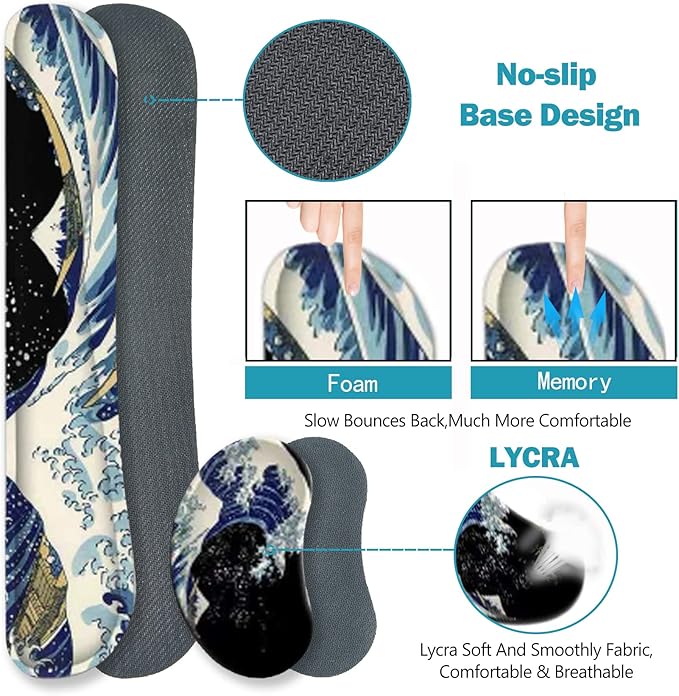 ToLuLu Extended Gaming Mouse Pad, Memory Foam Ergonomic Keyboard Mouse Wrist Rest Support Set, Large Desk Mat with Stitched Edges, Non-Slip Base Mousepad for Home Office Game Study, Wave of Kanagawa