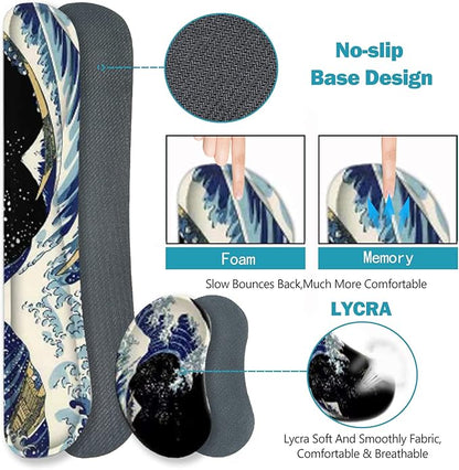 ToLuLu Extended Gaming Mouse Pad, Memory Foam Ergonomic Keyboard Mouse Wrist Rest Support Set, Large Desk Mat with Stitched Edges, Non-Slip Base Mousepad for Home Office Game Study, Wave of Kanagawa