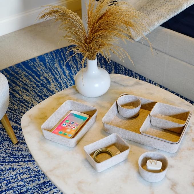 Welaxy Felt Desk Drawer Organizer Trays, 7-Piece Storage Bins for Office, Catchall, Scandinavian Minimalist Decor (Oatmeal)