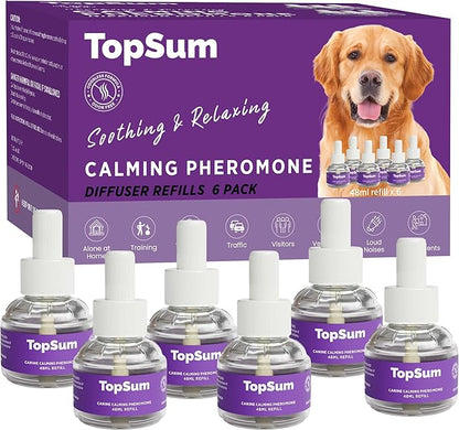 TopSum Calming Diffuser for Dog: Dog Pheromones Calming Diffuser Plug for Stress, Barking, Chewing, Pee Accidents & Separation Behaviors (Purple– 6 Refills)