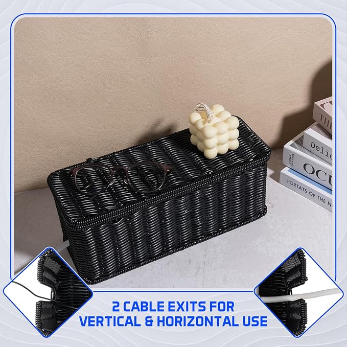 Cable Management Box, Handmade Rattan Cable Organizer with 2 Open Slots, Cord Hider for Power Strip, Router & USB Hub, Registered U.S. Design Patent (D1,112,102), 13" x 5.1" x 5.1", Black