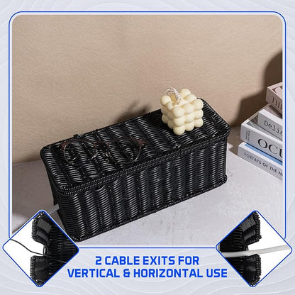 Cable Management Box, Handmade Rattan Cable Organizer with 2 Open Slots, Cord Hider for Power Strip, Router & USB Hub, Registered U.S. Design Patent (D1,112,102), 13" x 5.1" x 5.1", Black