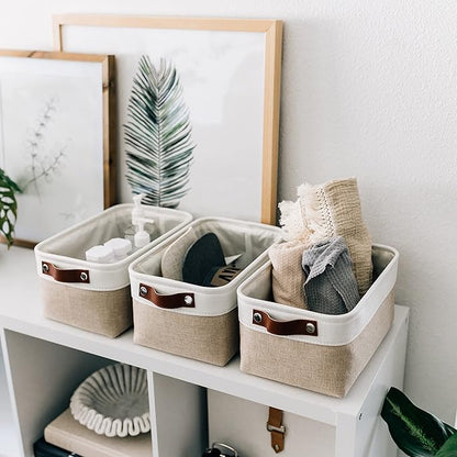 OrganiHaus Small Fabric Storage Baskets for Shelves 3 Pack, 12x08in Closet Storage Bins for Shelves, Canvas Baskets for Organizing, Linen Closet Organizers, Cloth Basket, Beige/Off-White