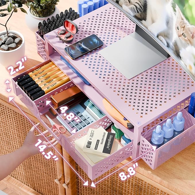 Simple Trending 2 Tier Metal Monitor Stand Monitor riser and Computer Desk Organizer with Drawer and Pen Holder for Laptop, Computer, iMac, Pink