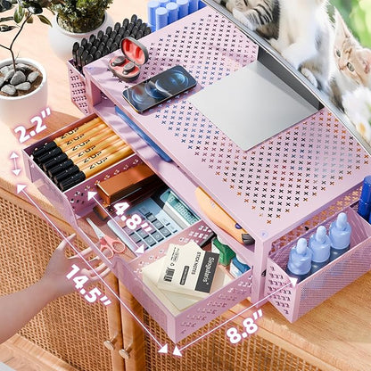 Simple Trending 2 Tier Metal Monitor Stand Monitor riser and Computer Desk Organizer with Drawer and Pen Holder for Laptop, Computer, iMac, Pink
