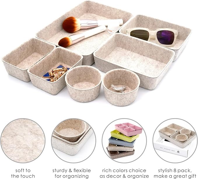 Welaxy Felt Desk Drawer Organizer Trays, 7-Piece Storage Bins for Office, Catchall, Scandinavian Minimalist Decor (Oatmeal)